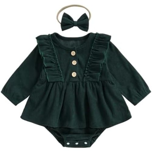 Karuedoo Newborn Infant Baby Girl Christmas Outfit Corduroy Ruffle Long Sleeve Romper Dress Tutu Jumpsuit with Headband