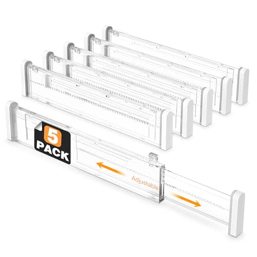 HiYZ Expandable Drawer Dividers - 12.6-22.8'' Adjustable Drawers Organizers for Kitchen Utensils, Drawer Separators in Bedroom, Dresser, Office, Bathroom, Fridge, 5 Pack Long Dividers-Clear