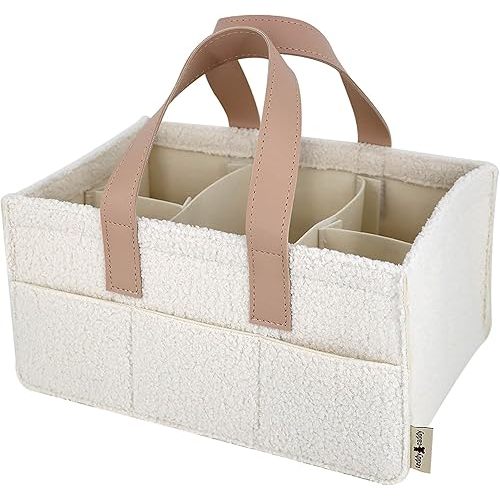 Teddy Sherpa Diaper Caddy - Beige Baby Nursery Organizer for Diapers and Baby Essentials, Neutral Nursery, Baby Registry Must Have, Portable Diaper Storage Basket