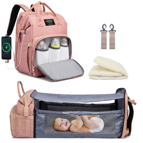 Cycodo Diaper Bag Backpack,5 in 1 Baby Diaper Bag with Changing Station for Girls, Foldable Travel Baby Bag for Moms Dads,Baby Shower Gifts,Pink & Gray