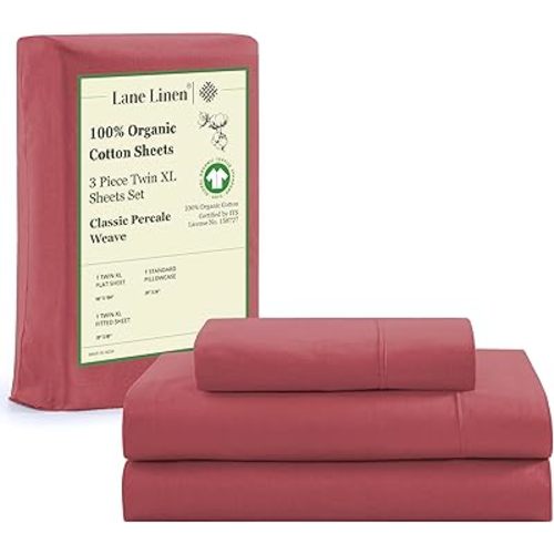 LANE LINEN 100% Organic Cotton Eco Friendly Bed Sheets Extra Long Twin, Soft & Comfy Fully Elasticized Percale, Low Pilling Machine Washable Naturally Cool Twin XL Sheet- Mineral Red