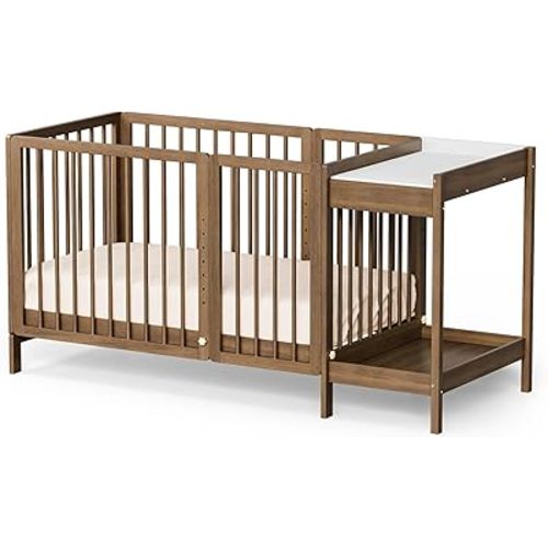 JOYMOR 8 in 1 Convertible Crib with Changer, Include 2” Mattress, Converts to Bassinet, Mid Crib, Full Size Crib, Daybed,Toddler Bed and Playard (Crib with Changer, Honey Wood)