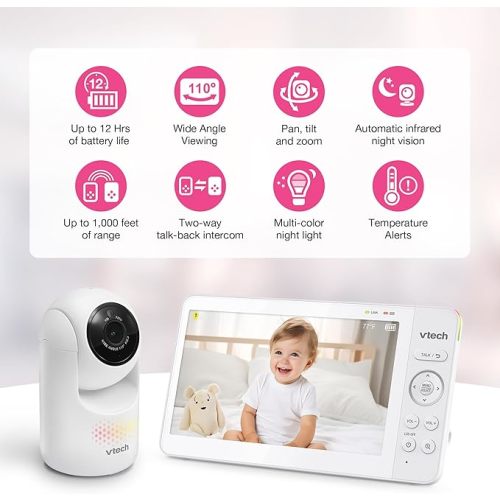 VTech Baby Monitor No WiFi with 7" IPS Screen & Remote Pan Tilt Zoom – 5000mAh 12Hr Video Battery, 1000ft Range, Night Vision, Multi-Color Night Light, Two-Way Talk | Advanced HQ Max
