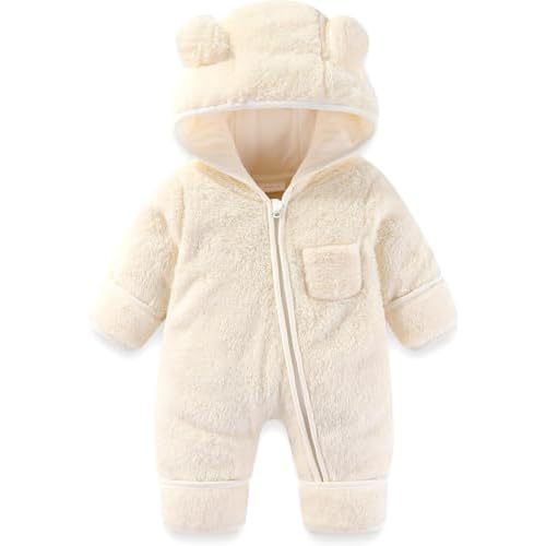 Newborn Baby Fleece Footie Snowsuit Winter Onesie Cartoon Bear Warm Hooded Outfits for Girls Boys