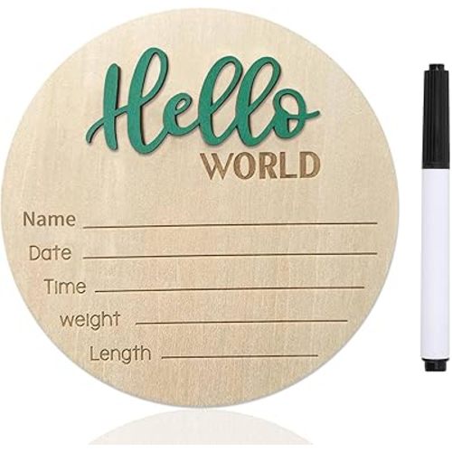 Baby Announcement Sign, ​5.9 Inch Wooden Hello World Newborn Signs, Birth Announcement Sign, Baby Shower Hospital Nursery for Newborn Boys and Girls (Green,Pen)