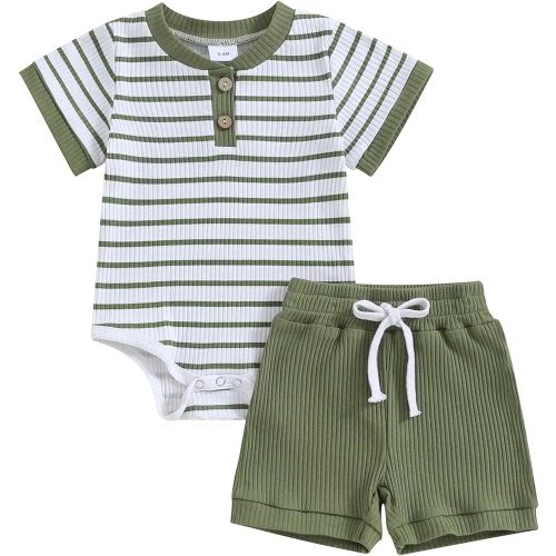 Newborn Baby Boy Girl Clothes Set Ribbed Short Sleeve Striped Romper Top Solid Color Shorts Sets 2Pcs Summer Outfits