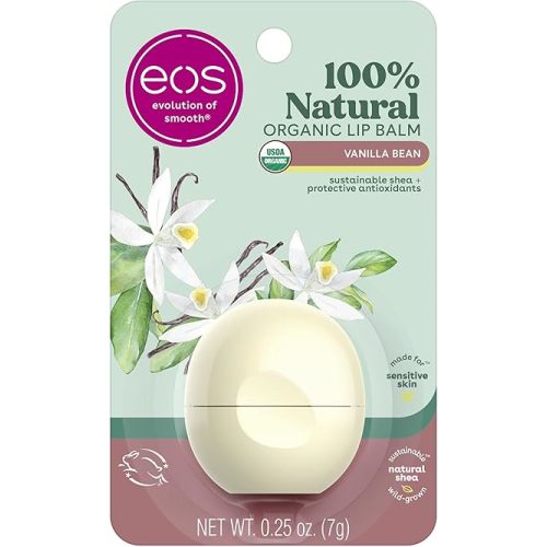eos 100% Natural & Organic Lip Balm Sphere- Vanilla Bean, All-day Moisture, Dermatologist Recommended for Sensitive Skin, Lip Care Products, 0.25 oz