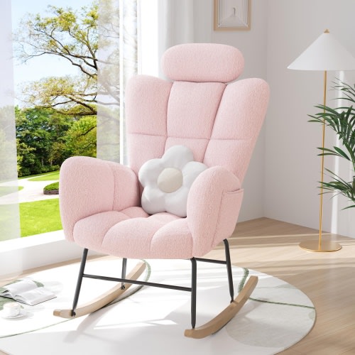 PAPROOS Modern Teddy Fabric Rocking Chair, Accent Rocker Chair with High Backrest, Accent Glider Rocker for Living Room Bedroom Playroom, Pink