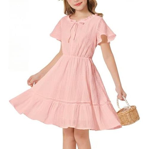 GRACE KARIN Girls Swiss Dot Dress Cotton Casual Summer Short Sleeve A Line Party Birthday Beach Kids 7-14
