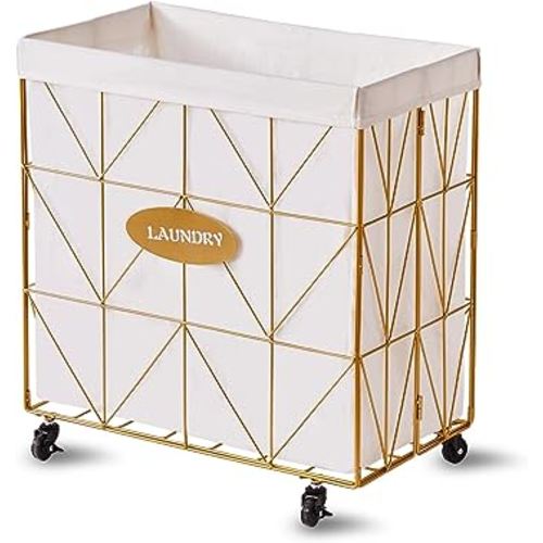 Mxfurhawa Laundry Hamper, Collapsible Laundry Basket Large Capacity 110L Metal Laundry Hamper with Removable Liner, Rolling Wheels and Collapsible Design for Clothes Storage and Organization (Gold)