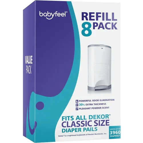 Refills Compatible with DEKOR CLASSIC Diaper Pails | 8 Pack | Exclusive 30% Extra Thickness | Diaper Pail Refills with Powerful Odor Elimination | Powder Scent | Holds up to 3960 Diapers