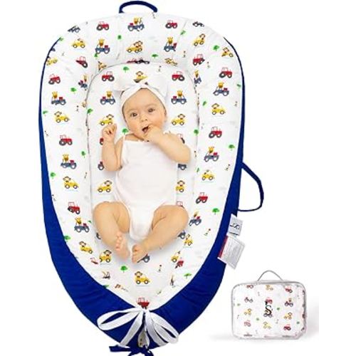 Baby Lounger for Newborn 0-24 Months – Breathable & Soft Baby Nest Cotton Cover – Reversible, Lightweight & Portable Infant Lounger for Girl & Boy - Baby Essentials for Home & Travel