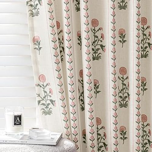 Flower Pinch Pleated Linen Curtains for Living Room Bedroom Dining Room, Light Filtering Memory Trained Luxury Block Print Pleat Drapes with Hooks, Pink & Beige White, 40" W x 96" L, 2 Panels