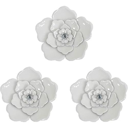 Metal Flower Wall Art Multiple Layer Decor for Indoor Outdoor Home Bedroom Living Room Office Garden Set of 3(White)