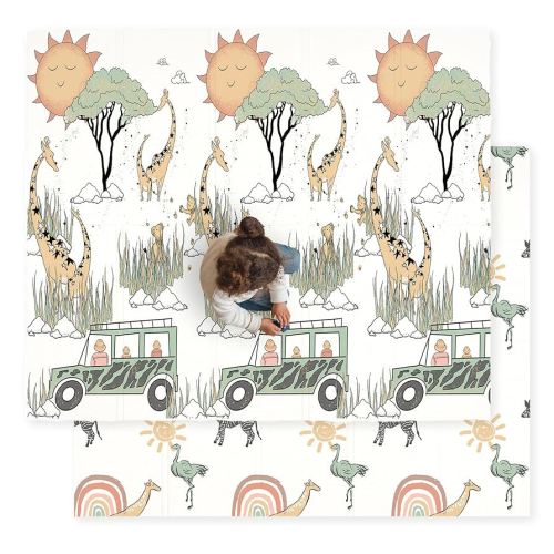 JumpOff Jo Baby Play Mat - Large Folding Foam Play Mat for Infants, Babies, Toddlers, Waterproof, Double-Sided (70" x 59") - Safari