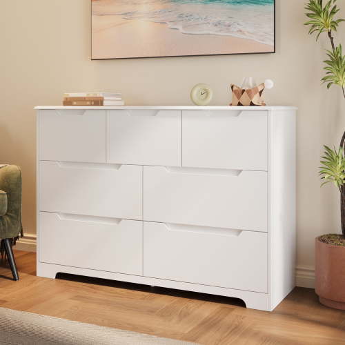 Aiho 7-Drawer Double Dresser - Modern Wood Chest with Anti-Tip Safety, Cutout Handles & Smooth Gliding Drawers, White