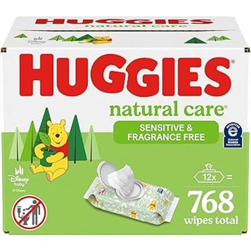 Huggies Natural Care Sensitive Baby Wipes, Unscented, Hypoallergenic, 99% Purified Water, 12 Flip-Top Packs (768 Wipes Total), Packaging May Vary