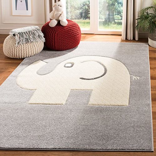 SAFAVIEH Area Rug 8x10 - Carousel Kids Collection - Large - Grey & Ivory, Elephant Design, Non-Shedding & Easy Cleaning, Ideal for Boys & Girls in Playroom, Nursery, Bedroom (CRK165B)