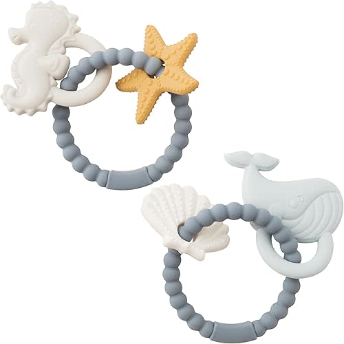 Silicone Teether Toys for Babies - 2ooya 2Pcs Summer Ocean Beach Themed Teething Ring Infant Soft Teethers, Toddler Teething Chew Toys for Newborn Boy and Girl Baby Shower Birthday Gifts