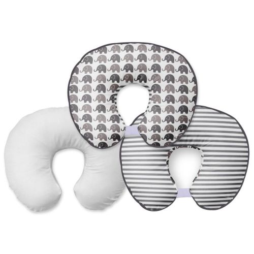 Bacati - 3 pc Elephants White Gray Hugster Feeding & Infant Support Nursing Pillow with 2 removable zippered covers