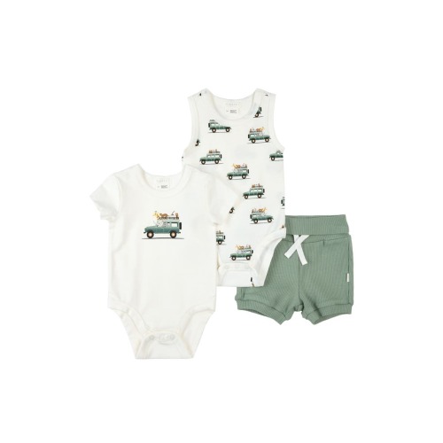 Safari Vehicle Print 3-Piece Cotton Bodysuits & Rib Shorts Set