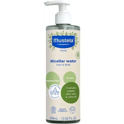 Mustela Certified Organic Micellar Cleansing Water -No-Rinse Natural Water Cleanser w/ Olive Oil & Aloe Vera - For Baby, Kid & Adult - Fragrance Free, EWG Verified & Vegan -13.5 oz-Packaging may vary