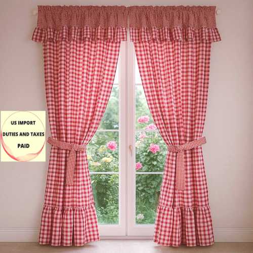 Farmhouse Gingham Ruffle Curtains, Red Checkered Cotton French Country Drapes, Custom Size