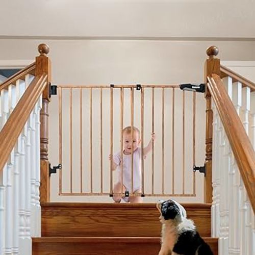 Babelio 26-43" No Bottom Bar Baby Gate for Babies, Elders and Pets, 2-in-1 Auto Close Dog Gate for The House, Stairs and Doorways, Safety Pet Gates with Large Walk Thru Door, Brown Wood Pattern