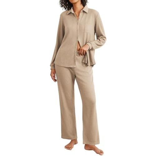 Ekouaer Womens Waffle Knit Pajamas Set 2 Pieces Loungewear Long Sleeve Button Down Matching Sleepwear