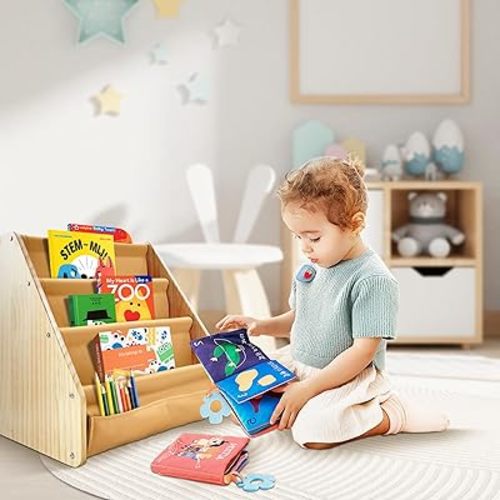 Set of 2 Solid Wood Toddler Bookshelf for Ages 1-4 Book Shelf for Kids Rooms 4-Tier Sling Nursery Book Shelves Montessori Book Rack for Bedroom Playroom Kids Book Organizer Floor Baby Bookcase Clay