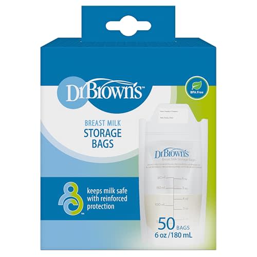 Dr. Brown’s Breast Milk Storage Bags, Disposable and Durable Bags for Freezing & Heating Breast Milk, (50ct) 6 oz Bags, BPA free