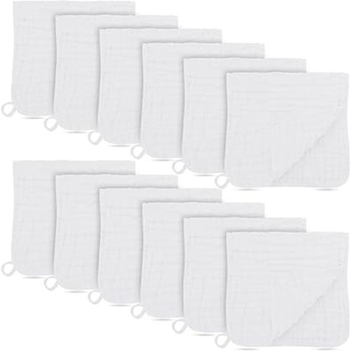BAMBOO QUEEN 12 Pack Muslin Burp Cloths - Large 20" x 10", Ultra Absorbent 100% Cotton for Baby Drool and Messes - Soft, Gentle Baby Burp Rag for Boys & Girls -White