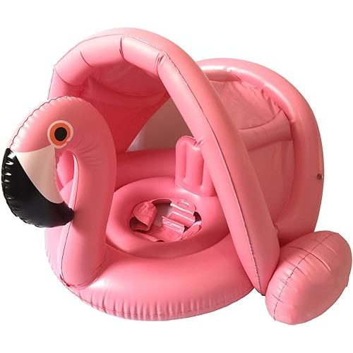 Baby Pool Swim Float with Canopy Inflatable Outdoor Swimming Ring Seat, Pink Flamingo Kids Infant Toddler from 6 Months to 48 Months