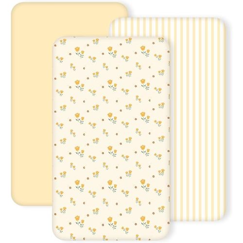 3 Pack Crib Sheets for Girls – Fitted Crib Sheets for Standard Crib Mattress and Toddler Mattress, Ultra Soft Breathable Washable Polyester, 28x52inch, Yellow & Flower