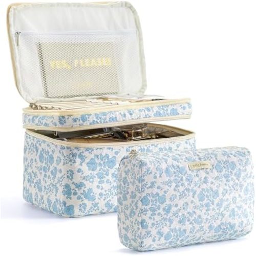 HBselect 2Pcs Travel Makeup Bag, Large Cotton Quilted Makeup Bag Cosmetic Bag Cute Make up Bag Toiletry Bags for Women Girls