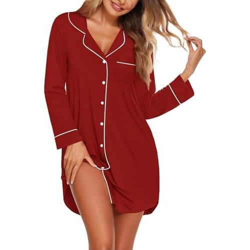 Ekouaer Nightgowns for Women Long Sleeve Nightshirt Button Down Sleepshirt Nightdress Boyfriend Sleepwear S-XXXL