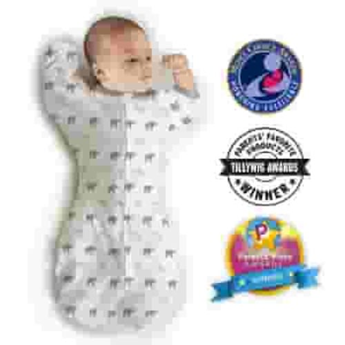 Amazing Baby Transitional Swaddle Sack with Arms Up Half-Length Sleeves and Mitten Cuffs, Better Sleep for Baby Boy & Baby Girl, Tiny Elephants, Sterling, Small, 0-3 Mo, 6-14 lbs