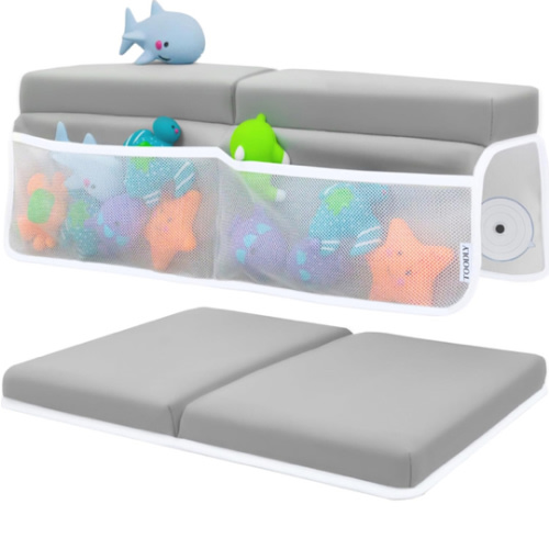 Comfortable Baby Bath Kneeler and Elbow Rest Pad Set – Thick Memory Foam Bath Kneeling Pad with Elbow Support – Baby Bathtub Cushion with Toy Organizer for Bathing Infant or Toddler - Grey