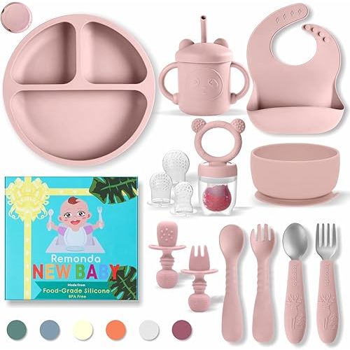 Baby Led Weaning Supplies,Silicone Baby Feeding Set, Baby Gifts,Suction Plate Bowl Set, Self Feeding Utensil Sets, Bib, Cup, Fruit Feeder, First Stage Eating Essentials, 6+ Months(Pink)