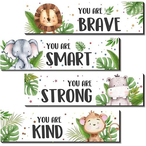 UBLURO 4-Piece Jungle Animals Wall Art - Motivational Wall Decor, Wooden Hanging Prints, Boys Room Decor