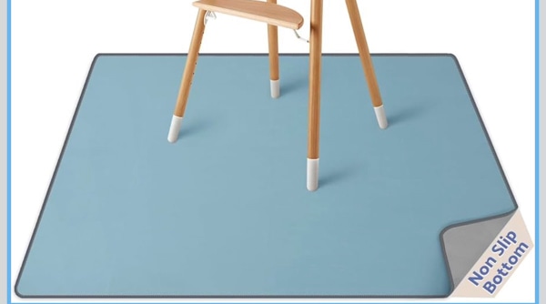 Blissful Diary Baby Splat Mat for Under High Chair, 50.4 x 50.4 Inch Wipeable Splash Mat, Waterproof and Washable, Anti-Slip Floor Protector, Slate Blue