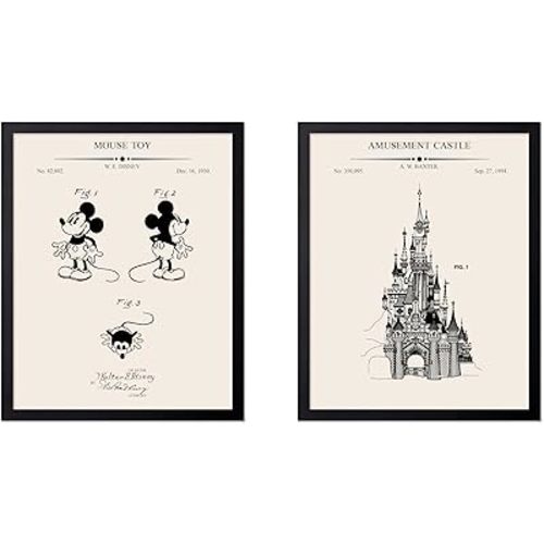 Poster Master 2-Piece Amusement Castle Blueprint Poster - Mouse Patent Print - Amusement Art - Castle Art - Entertainment Art - Great Living Room or Kid's Room Wall Decor, 8x10 Black Framed