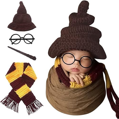 Newborn Photography Props Halloween Wizard Witch Hat Scarf Wand Glasses Frame 4 PCS Set Crochet Baby Photo Prop Halloween Baby Photoshoot Props Halloween Magic Party Cosplay Set