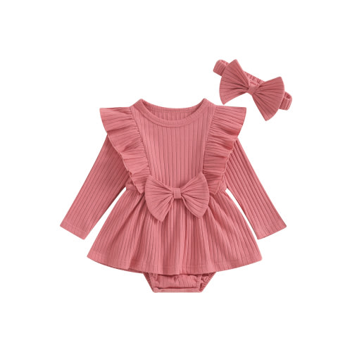 Lieserram Newborn Baby Girl Romper Dresses, 0 3 6 9 12 18 Months Long Sleeve Solid Color Crew Neck Bow A-line Skirt Bodysuit with Headband Clothes