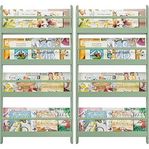 FOTOSOK 2 Pcs Kids Bookshelf, Set of 2 Wall Mount 4-Tier Book Shelf Organizer for Toys and Books, Toy Storage Bookshelf for Kids in Bedroom Living Room, Green