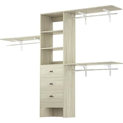 8FT Closet System, 96'' Closet Organizer System with 3 Hanging Rods, Wall Mount Bedroom Wardrobe with 3 Drawers Walk-in Closet, Adjustable Garment Rack from 5 to 8FT(Cut to Fit), White Oak