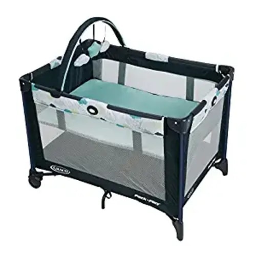 Graco Pack and Play On the Go Playard | Includes Full-Size Infant Bassinet, Push Button Compact Fold, Stratus , 39.5x28.25x29 Inch (Pack of 1) - W/ Bassinet Insert