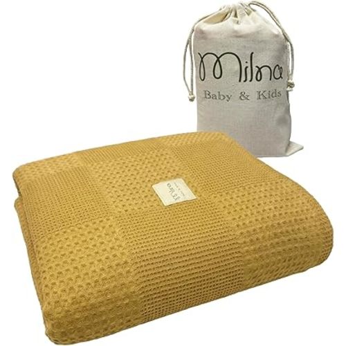 Milna Baby 100% Cotton Waffle Blanket for Boys & Girls, 100x120 cm Breathable Muslin Baby Blanket for Crib, Stroller & Swaddle, Soft Lightweight Toddler Receiving Blanket, (Yellow)