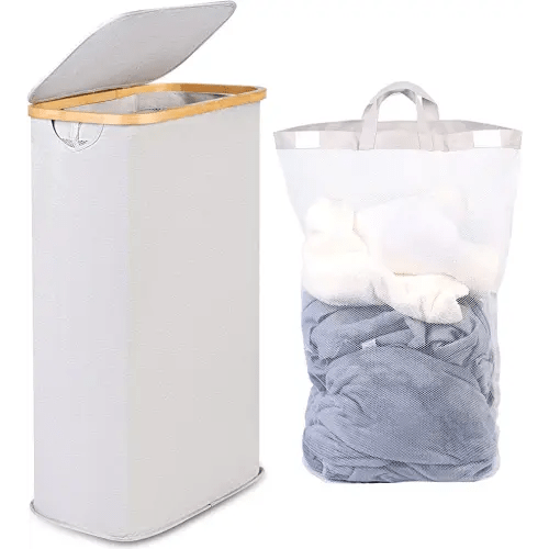 Amazon.com: efluky Slim Laundry Hamper with Lid, Narrow Laundry Hamper with Removable Bag, Collapsible Dirty Clothes Basket with Handles for Bathroom, Bedroom & Laundry Room, 63L Off White : Home & Kitchen