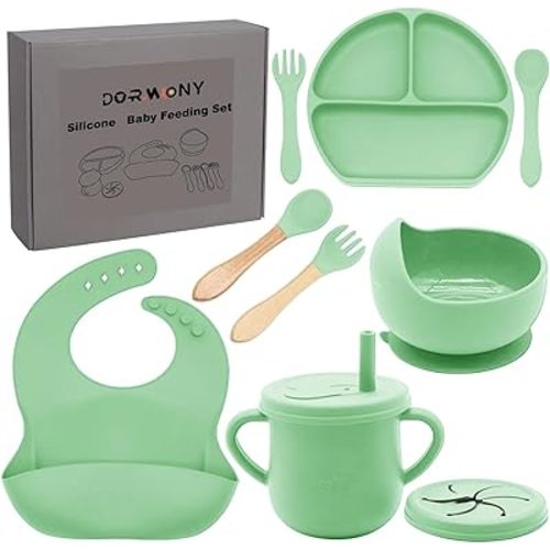 100% Silicone Baby Feeding Set,BPA Free Baby Dishes Set with Suction Bowl Divided Plate,Toddler Self Feeding Dish Set with Spoons Forks Sippy Cup and Bib, Baby Eating Utensils (Neon Green)